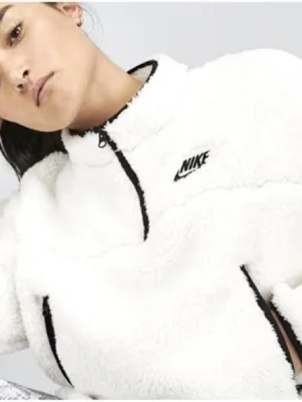 Nike Sz M Cream Sherpa Plush Fleece Quarter Zip Crop Pullover Black Logo & Trim - Picture 14 of 16